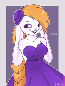 anthro breasts buckteeth cleavage clothed clothing dress female hair hair_bun hat headgear headwear pose seductive solo teeth topwear j.fbelen mario_bros nintendo super_mario_odyssey broodal hariet_(mario) hare lagomorph leporid mammal rabbit hi_res signature