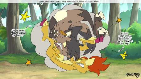 anthro black_hair brown_body brown_fur duo female fight forest fur hair outside plant text tree yellow_body yellow_fur potateymatey fria_(potateymatey) leena_(potateymatey) felid hyena lion mammal pantherine 2026 english_text hi_res