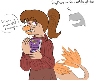 5_fingers anthro braces brown_hair clothing dialogue duo eyelashes eyewear feathered_tail feathers female fingers glasses hair long_tail manga_(object) nerd orange_body orange_feathers pink_eyes ponytail red_clothing red_sweater red_topwear round_glasses scales simple_background snout solo sweater tail tan_body tan_scales text topwear white_background arsenic_iii cavemanon_studios diamond_is_unbreakable jojo's_bizarre_adventure snoot_game pepper_(snoot_game) dinosaur dromaeosaurid feathered_dinosaur feathered_scalie microraptor prehistoric_species reptile saurischian scalie theropod 2025 digital_drawing_(artwork) digital_media_(artwork) english_text hi_res