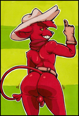 anthro backsack balls belt butt clothing cowboy_hat flaccid foreskin genitals gloves grin handwear hat headgear headwear male mostly_nude penis shortstack shortstack_male small_penis smile solo thespanker_(artist) kings_of_hell gremile_'hotshot' imp hi_res