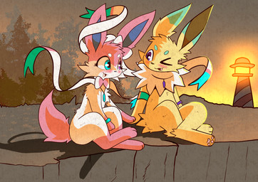 3_fingers 3_toes accessory anthro blue_nose blush brown_nose cheek_tuft chest_tuft cliff detailed_background duo facial_tuft feet female fingers forest fur grass half-closed_eyes hand_holding head_tuft heterochromia jewelry lighthouse looking_at_another male narrowed_eyes necklace open_mouth pawpads paws pink_body pink_fur plant purple_eyes sitting sunset toes tongue tree tuft white_body white_fur yellow_body yellow_fur xsolar_soulx nintendo pokemon amai_the_jolteon eeveelution generation_1_pokemon generation_6_pokemon jolteon pokemon_(species) sylveon 2025 absurd_res hi_res huge_filesize