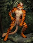 abs absurd_res animal_genitalia anthro archer arrow_(weapon) balls bow_(weapon) digital_media_(artwork) felid forest genitals hi_res hunter iskra male mammal muscular muscular_anthro muscular_male nude pantherine pecs plant ranged_weapon shaded sheath solo standing tiger tree warrior weapon