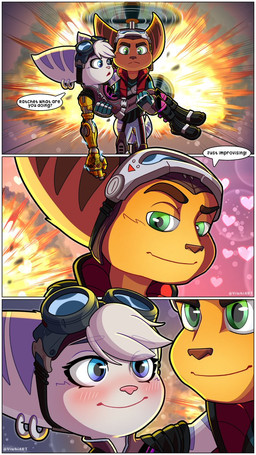 anthro belt blue_eyes blush boots carrying_another carrying_partner clothing cybernetic_arm cybernetic_limb dialogue duo ear_piercing ear_ring explosion eyebrows eyelashes eyewear eyewear_on_head female footwear gloves goggles goggles_on_head green_eyes handwear headgear headwear male piercing ring_piercing shoes smile stripes viwhi_art ratchet_and_clank sony_corporation sony_interactive_entertainment ratchet_(ratchet_and_clank) rivet_(ratchet_and_clank) lombax mammal 2026 9:16 hi_res