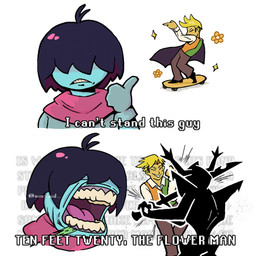 ambiguous_gender anthro antlers blonde_hair blue_body blue_hair blue_skin clothed clothed_human clothed_male clothing dialogue flower group hair hair_over_eyes horn lyrics male melee_weapon open_mouth plant pose scarf singing skateboard sword tan_body tan_skin text trio vehicle weapon einsoid deltarune let's_fucking_go undertale_(series) flowery_(deltarune) kris_dreemurr roaring_knight elemental_creature flora_fauna human mammal shadow_creature artist_name comic english_text watermark