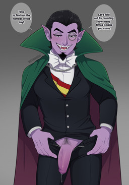 bedroom_eyes black_clothing black_hair black_suit bodily_fluids cloak clothed clothing dripping eyewear facial_hair fangs foreskin genital_fluids genitals goatee hair looking_at_viewer male monocle narrowed_eyes penis precum precum_drip pubes purple_body sash seductive solo suit teeth text wetwasabi muppets pbs sesame_street count_von_count humanoid muppet vampire absurd_res english_text hi_res
