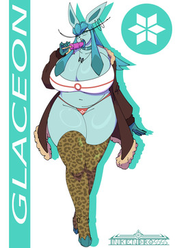 anthro big_breasts breasts cleavage clothed clothing female female_anthro food huge_breasts long_legs popsicle solo inkendross nintendo pokemon eeveelution generation_4_pokemon glaceon pokemon_(species) absurd_res hi_res