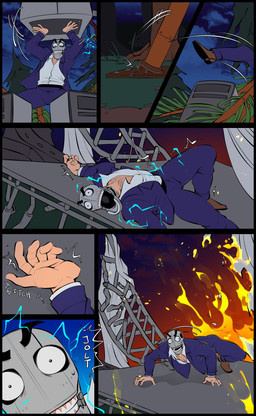 5_fingers all_fours belt black_belt blue_clothing blue_shirt blue_topwear body_hair bottomwear broken_object brown_clothing brown_footwear brown_shoes chest_hair clothed clothing electricity eyebrows fingers fire footwear fully_clothed gums jacket light_body light_skin lying machine male male_humanoid not_furry on_back open_clothing open_mouth open_shirt open_topwear pants pupils purple_bottomwear purple_clothing purple_jacket purple_pants purple_topwear shirt shoes skinless small_pupils solo stage teeth text throwing_object topwear bileshroom disney hoppers_(disney) pixar titus_(hoppers) android humanoid robot robot_humanoid absurd_res comic english_text flat_colors hi_res