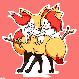 ambiguous_anthro ambiguous_gender anthro arm_tuft big_tail biped black_body blush blush_lines blush_stickers cheek_tuft chest_tuft dancing digitigrade dipstick_tail duo eyes_closed facial_tuft flat_chested front_view fur hand_holding hip_tuft inner_ear_fluff markings multicolored_body multicolored_fur nude_ambiguous nude_anthro object_in_tail outline pink_background pointy_ears prick_ears rear_view red_body red_eyes red_fur red_inner_ear_fluff red_nose red_tail_tip shoulder_tuft simple_background snout standing stick stick_in_tail tail tail_markings tuft two_tone_tail white_body white_fur yellow_body yellow_fur yellow_tail kemofoo nintendo pokemon braixen canid generation_6_pokemon mammal pokemon_(species) 1:1 2018 cel_shading colored digital_drawing_(artwork) digital_media_(artwork) english_description hi_res shaded signature