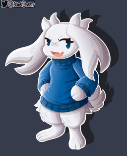 3_fingers 3_toes anthro blue_clothing blue_eyes blue_sweater blue_topwear bottomless breasts clothed clothing digitigrade drop_shadow eyebrows eyelashes feet female fingers flesh_fang floppy_ears front_view fur grey_background happy looking_at_viewer lop_ears open_mouth open_smile outline pink_tongue simple_background smile solo standing sweater sweater_only tail three-quarter_view toes tongue topwear topwear_only twitter_logo white_body white_fur white_outline aceekdarzty conditional_dnp cave_story twitter sue_sakamoto lagomorph mammal mimiga 2024 cel_shading digital_media_(artwork) full-length_portrait hi_res portrait shaded signature