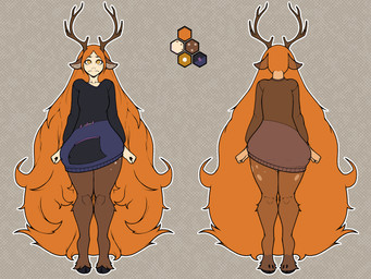 antlers brown_body brown_fur clothed clothing female freckles fur hair hooves horn light_body light_skin long_hair orange_eyes orange_hair solo sweater topwear freepancakes freya_agalith faun humanoid mammal satyr absurd_res hi_res model_sheet