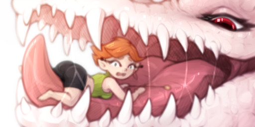 anthro bodily_fluids bottomwear butt clothing duo ear_piercing ear_ring female female/female hair humanoid_pointy_ears immenent_vore mouth_shot on_tongue open_mouth orange_hair piercing pink_body pointy_ears red_eyes ring_piercing saliva saliva_string scales shirt shorts teeth tongue topwear zegzagun crocodile crocodilian fairy humanoid reptile scalie 2:1 hi_res