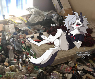 4_toes anthro barefoot blush bottomless bottomless_anthro bottomless_female butt claws clothed clothing dialogue feet female female_anthro fingerless_gloves freckles fur gloves grey_body grey_fur grey_hair hair handwear looking_at_viewer mattress pawpads paws photo_background red_sclera shirt shirt_only solo t-shirt t-shirt_only tail talking_to_viewer text text_on_clothing toe_claws toes topwear topwear_only trash white_body white_fur velk4n hellaverse helluva_boss mythology loona_(helluva_boss) canid canid_demon canine demon hellhound mammal mythological_canine mythological_creature 2026 digital_media_(artwork) english_text hi_res mixed_media photography_(artwork)