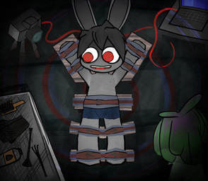 anthro bdsm black_hair bondage bound camera duo fur grey_body grey_fur hair imminent_tickling male male/male nipples red_eyes restrained restraints smile submissive 404uchuu lagomorph leporid mammal rabbit absurd_res digital_media_(artwork) hi_res