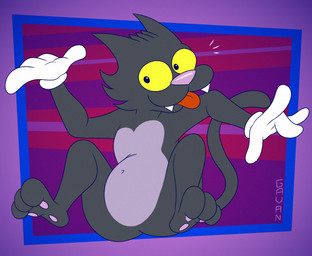 3_toes 4_fingers abstract_background anthro belly bent_legs big_butt biped black_body black_eyes black_fur butt butt_from_the_front cheek_tuft clothing curling_tail ears_back facial_tuft fangs feet fingers fur glance gloves gloves_only handwear handwear_only happy head_tuft heel_pad humanoid_heel knees_up lines_drawn looking_at_viewer male mostly_nude multicolored_body multicolored_fur navel nude pawpads paws pecs pink_nose pink_pawpads pivoted_ears plantigrade playful purple_body purple_fur raised_tail red_tongue sitting slightly_chubby slightly_chubby_anthro slightly_chubby_male smile smiling_at_viewer solo tail teeth toes tongue tongue_out toony tuft two_tone_body two_tone_fur white_clothing white_gloves white_handwear wide_hips yellow_sclera gavanzude 20th_century_fox the_itchy_and_scratchy_show the_simpsons scratchy_(the_simpsons) domestic_cat felid feline felis mammal 2026 alternate_version_at_paywall colored digital_drawing_(artwork) digital_media_(artwork) flat_colors hi_res signature