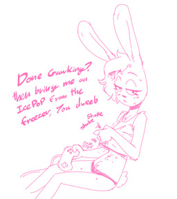 adolescent anthro biped bodily_fluids clothed clothing controller dialogue eyebrows female game_controller gesture hair half-closed_eyes hand_gesture handjob_gesture holding_controller holding_game_controller holding_object looking_at_viewer midriff narrowed_eyes offscreen_character panties scut_tail shirt short_hair short_tail simple_background sitting solo suggestive suggestive_gesture sweat tail text topwear underwear young young_anthro young_female soulcentinel roommates:motha bonnet_(roommates) lagomorph leporid mammal rabbit 2024 english_text monochrome pink_and_white sketch