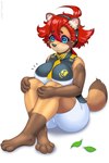 :< accessory ahoge alternate_species anthro big_breasts blue_eyes bottomwear breast_expansion breasts brown_body brown_fur clothed clothing expansion female fur furrification hair hands_on_legs headband inner_ear_fluff leaf paws red_hair shadow shorts simple_background sitting sleeveless_shirt solo tight_clothing tuft uniform white_background kasetsu_hanga gundam mobile_suit_gundam_the_witch_from_mercury suletta_mercury canid canine mammal raccoon_dog tanuki alternate_version_at_source hi_res