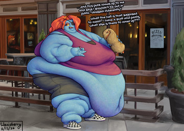 anthro belly big_belly double_chin fat_face female flabby_butt hanging_belly huge_belly morbidly_obese morbidly_obese_female obese obese_female overweight overweight_female solo text thick_thighs wenisberry undertale_(series) undyne aquatic fish english_text hi_res