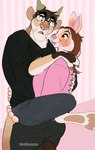 anthro carrying_another carrying_partner claws clothed clothing duo eyelashes eyewear feet female glasses horn male male/female open_mouth pattern_background pawpads paws romantic romantic_couple simple_background striped_background surprise whiskers ferwanwan fer_(ferwanwan) javier_(scraphead) cougar felid feline lagomorph leporid mammal rabbit 2023 hi_res watermark