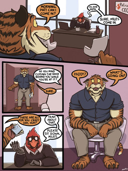 anthro barbell_piercing barefoot beak claws clothed clothed_anthro clothed_male clothing desk dialogue duo eyebrow_piercing facial_piercing feathers feet fully_clothed fully_clothed_anthro fully_clothed_male fur furniture hand_on_head male muscular muscular_anthro muscular_male open_mouth orange_body orange_fur piercing red_body red_feathers sitting speech_bubble standing striped_body striped_fur stripes table tail text toe_claws worried yellow_eyes nanoff miles_(nanoff) pat_(nanoff) avian bird cardinal_(bird) felid mammal northern_cardinal oscine pantherine passerine tiger 2026 3:4 comic english_text hi_res multiple_scenes
