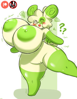anthro areola balls big_balls big_breasts biped blush blush_lines breasts curled_tail eyebrows eyelashes eyewear eyewear_only featureless_feet featureless_hands feet female front_view genitals glasses glasses_only glistening glistening_breasts gloves_(marking) green_body green_ears hair huge_balls huge_breasts huge_hips huge_thighs hyper hyper_balls hyper_genitalia leg_markings markings motion_lines multicolored_body nipples nude nude_female on_one_leg open_mouth open_smile patreon_logo question_mark simple_background smile socks_(marking) solo spiral spiral_eyes standing symbol tail text thick_thighs two_tone_body vulva wearing_glasses wide_hips woebeeme nintendo patreon pokemon quill_(flowsie) generation_3_pokemon pokemon_(species) shiny_pokemon spinda 2025 absurd_res digital_drawing_(artwork) digital_media_(artwork) english_text hi_res