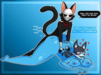 ambiguous_penetration anthro anthro_on_anthro anthro_penetrated anthro_penetrating anthro_penetrating_anthro areola big_breasts big_butt black_body black_fur blue_background blue_body blue_border blush border breasts butt dialogue dirty_talk duo female female_anthro female_on_bottom female_penetrated from_behind_position fur gradient_background grin heart_symbol huge_butt kerchief long_legs looking_pleasured lying male male/female male_anthro male_on_top male_penetrating male_penetrating_female nipples nude nude_anthro nude_female nude_male on_bottom on_front on_top penetration plap profanity red_eyes sex sharp_teeth simple_background smile sound_effects teeth text tongue tongue_out white_mask wraps wrist_wraps surrealatorium azuli salvador_escher canid canine canis domestic_cat domestic_dog felid feline felis mammal 2021 absurd_res english_text hi_res