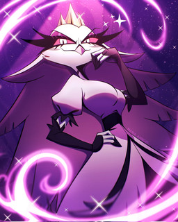 anthro breasts clothing crown detailed_background dress eyelashes female fur hair headgear long_eyelashes long_hair looking_at_viewer pink_eyes purple_background simple_background smile solo standing white_body white_clothing white_dress white_face white_fur white_hair nana_anngel hellaverse helluva_boss stella_(helluva_boss) anatid anseriform anserinae avian avian_demon bird demon swan 2024 digital_media_(artwork) hi_res