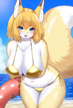 anthro beach big_breasts bikini blush breasts clothed clothing female female_anthro fur hair inner_ear_fluff kemono looking_at_viewer smile solo swimwear tail tuft two-piece_swimsuit white_body white_fur horokusa0519 golden_week fox_next_door_(horokusa) canid canine fox mammal hi_res