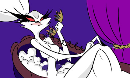 anthro bath bathing bathroom bathtub beak breasts claws electronics female fingers fur hair landline_phone mature_female phone red_eyes simple_background solo white_body white_fur white_hair aptom7747 hellaverse helluva_boss stella_(helluva_boss) avian demon 5:3 absurd_res hi_res