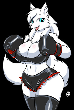 anthro bikini bikini_bottom bikini_top blue_eyes blush body_blush boxing_gloves breast_blush clothing female fur handwear looking_at_viewer red_trim small_waist solo swimwear two-piece_swimsuit white_body white_fur wide_hips the_k9_empire vulpinecrew canid canine fox mammal absurd_res hi_res watermark