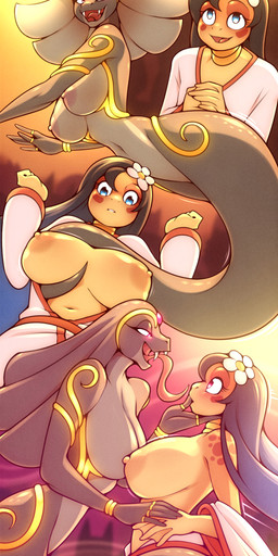 anthro apode areola big_breasts biped breasts clothed clothing duo eyelashes female female/female glistening_eyelids gold_(metal) gold_jewelry grey_body hair jewelry legless long_eyelashes long_hair motion_lines multicolored_body navel nipples non-mammal_breasts non-mammal_hair non-mammal_navel non-mammal_nipples pupils serpentine smile spots spotted_shoulders text tongue tongue_out white_clothing marik_azemus34 bell_biscotti cobra draconcopode naga reptile scalie snake absurd_res hi_res url