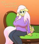 aged_up anthro big_breasts blue_eyes blush breasts clothed clothing eyewear female furniture glasses hair huge_breasts long_hair looking_at_viewer pink_hair smile sofa solo sweater text topwear wings gunpowdergreentea friendship_is_magic hasbro my_little_pony fluttershy_(mlp) english_text hi_res