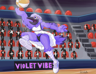 anthro basketball_uniform bottomwear camel_toe clothed clothing feathers female group jumping public skirt sportswear stadium underwear uniform upskirt wings daison_the_fox violet_raven_(valkyries) avian bird corvid corvus_(genus) oscine passerine raven hi_res