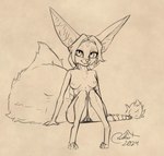 big_ears big_tail braided_hair breasts female fur genitals hair looking_at_viewer nipples nude pussy simple_background sitting smile solo tail blokfort kalta_(blokfort) canid canine fennec_fox fox mammal true_fox 2024 monochrome sketch