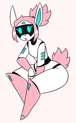 ambiguous_gender anthro black_body blue_body blue_eyes blue_inner_ear hair looking_at_viewer machine multicolored_body pink_body pink_forearm pink_hair pink_tail ponytail screen screen_face simple_background solo tail thick_thighs white_body white_ears nerdyreindeer lagomorph leporid mammal rabbit robot robot_anthro 2026 hi_res