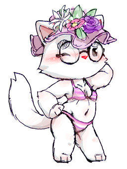 anthro bikini chibi clothing eyewear female flower fur glasses hat headgear headwear one_eye_closed plant solo swimwear two-piece_swimsuit white_body white_fur young young_anthro arisel_uwu pixile_studios super_animal_royale domestic_cat felid feline felis mammal 3:4 hi_res