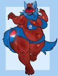 4_toes 5_fingers anthro belly belly_overhang big_breasts blue_background blue_body blue_bottomwear blue_bra blue_clothing blue_fur blue_shorts blue_underwear bottomwear bra breasts brown_body claws cleavage closed_smile clothed clothing empty_eyes eyebrows eyelashes feet female fingers fur humanoid_hands machine mouth_closed multicolored_body multicolored_fur navel overweight overweight_anthro overweight_female protogen_visor red_eyes ruff shorts simple_background smile solo tail text text_on_bra text_on_clothing text_on_underwear thick_thighs three-quarter_view toe_claws toes underwear loltoriel pepsi fuzzie_(loltoriel) mammal protogen aliasing binary_drawing digital_drawing_(artwork) digital_media_(artwork) flat_colors full-length_portrait hi_res portrait