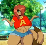 alternate_species anthro bench big_breasts bottomwear breasts brown_body brown_fur clothing cosplay curvy_figure denim denim_bottomwear denim_clothing denim_shorts detailed_background eyelashes female fingers fur green_eyes hair hourglass_figure huge_breasts jeans lake lap looking_at_viewer midriff navel one_eye_obstructed outside pants park plant pond red_hair shorts smile smiling_at_viewer solo standing teeth thick_thighs tongue tree under_boob voluptuous wide_hips mastergodai alvin_and_the_chipmunks alvin_seville elexis_(mramp) mrs._amp_(mramp) mammal procyonid raccoon 2020 digital_media_(artwork) hi_res