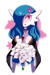 accessory bell bell_collar black_clothing blue_arms blue_hair blush breasts clothed clothing collar female flower hair hair_accessory holding_flower holding_object neck_accessory pink_accessory pink_eyes plant simple_background smile white_body white_flower lucyfercomic nintendo pokemon fan_character gardevoir generation_3_pokemon humanoid pokemon_(species) shiny_pokemon 2:3 absurd_res hi_res