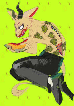 angry anthro blood bodily_fluids food fruit gore male melon plant solo tattoo watermelon milarvozmido beastars melon_(beastars) antelope bovid caprine felid gazelle goat hybrid leopard mammal pantherine sheep hi_res