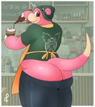 absurd_res accessory ambiguous_gender ampersand_ad anthro apron barista beverage big_butt bottomwear butt butt_cleavage clothed clothing coffee container cup curvy_figure digital_media_(artwork) genderfluid_pride_colors generation_1_pokemon hi_res holding_object huge_butt lgbt_pride looking_at_viewer looking_back multicolored_accessory nintendo nonbinary_(lore) pants photo_background photography_(artwork) pin_accessory pin_button pink_body pokemon pokemon_(species) pride_color_accessory pride_colors pride_pin shirt simple_background slightly_chubby slowbro smile solo t-shirt tail thick_thighs tongue topwear wardrobe_malfunction wide_hips
