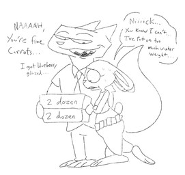 anthro black_eyebrows bodily_fluids bottom_heavy bottomwear breasts butt clothed clothing crossed_arms dessert dialogue doughnut_box duo eyebrows feederism female food fur holding_object male male/female open_mouth overweight pants shirt simple_background speech_bubble standing sweat tail teeth text topwear white_body rumcoat disney zootopia judy_hopps nick_wilde canid canine fox lagomorph leporid mammal rabbit red_fox true_fox digital_drawing_(artwork) digital_media_(artwork) english_text handwritten_text monochrome
