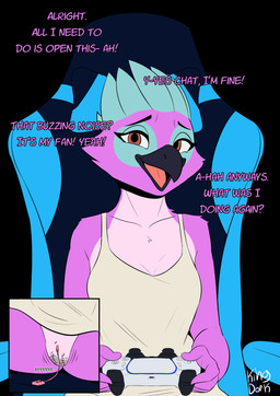 anthro beak bodily_fluids bottomless bottomless_anthro bottomless_female chair clitoral_hood clitoris clothed clothing controller dialogue electronics feathers female fingers furniture game_controller gaming gaming_chair genital_fluids genitals holding_controller holding_game_controller holding_object livestream looking_at_viewer masturbation open_beak open_mouth penetration playing_video_game sex_toy sex_toy_in_vagina sex_toy_insertion simple_background sitting smile solo spread_legs spreading stealth_masturbation text topwear topwear_only vaginal vaginal_fluids vaginal_fluids_on_vulva vaginal_masturbation vaginal_penetration vibrator vibrator_in_vagina vulva wireless_controller kingdorkster dualsense playstation playstation_5 sony_corporation sony_interactive_entertainment avian bird 2025 absurd_res digital_media_(artwork) english_text hi_res