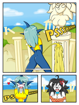 angry anthro big_breasts blush bodily_fluids bottomwear breasts butt cleavage clothed clothing clothing_around_legs collar cross-popping_vein disrespect duo female female/female fur genital_fluids hair happy innocent_expression marking_territory moan onomatopoeia open_mouth peegasm peeing power_pissing sharp_teeth smile sound_effects teeth text urine urine_stream water watersports daceking blanche_chien tammy_(daceking) animal_humanoid canid canine canis domestic_dog fish fish_humanoid humanoid mammal marine marine_humanoid shark shark_humanoid 3:4 comic digital_media_(artwork) hi_res