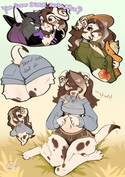 anthro biped blush bottomwear butt claws clothed clothed_anthro clothed_female clothing duo feet female fingers front_view fully_clothed fully_clothed_anthro fully_clothed_female fur hair looking_at_viewer navel rear_view simple_background sitting smile spots tail teeth toes topwear cocoline_(artist) cocoline canid canine canis domestic_dog mammal wolf 2026 absurd_res digital_drawing_(artwork) digital_media_(artwork) hi_res
