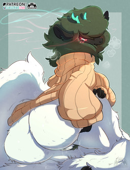 anthro aroused ass_up belly big_butt blush blush_lines blushing_at_viewer bodily_fluids body_hair breath butt butt_focus butt_grab cheek_tuft clothed clothing clothing_aside clothing_lift clothing_pull facial_tuft female female_anthro fluffy fluffy_ears fluffy_hair fluffy_tail fur genital_fluids hair hand_on_butt horn leg_grab mature_anthro mature_female multicolored_body multicolored_fur neck_tuft panting partially_clothed pubes pubes_exposed raised_clothing raised_tail shy slightly_chubby slightly_chubby_female solo squish sweat sweatdrop sweater sweaty_butt tail tail_tuft thick_thighs thigh_grab thigh_squish topwear tuft vaginal_fluids white_body white_fur wide_hips kapigator animal_humanoid equid equid_humanoid equine equine_humanoid humanoid mammal mammal_humanoid hi_res