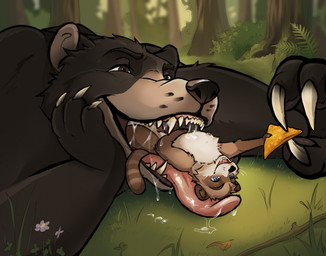 anthro black_body black_fur black_nose blue_eyes bodily_fluids brown_body brown_eyes brown_fur chips_(food) claws drooling duo fangs flower food forest fur grass hand_on_chest holding_food holding_object imminent_vore in_mouth leaf lying male male/male on_back on_front on_tongue open_mouth oral_vore outside partially_inside plant predator/prey saliva shrub size_difference smile soft_vore tail teeth tongue tongue_out tree vore whiskers lilcunyi dreamworks over_the_hedge rj_(over_the_hedge) vincent_(over_the_hedge) american_black_bear bear black_bear mammal procyonid raccoon ursidae ursine 2026 digital_media_(artwork) hi_res