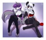 anthro clothing duo female hair pink_eyes pink_hair purple_hair red_eyes lapres jess_(teckly) shalinka_(character) bear canid canine canis giant_panda mammal wolf