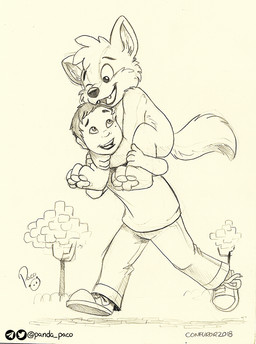 anthro bottomwear carrying_another cheek_tuft clothed clothing duo facial_tuft fangs footwear glistening glistening_eyes hair logo male male_anthro male_human nude on_shoulders one_eye_closed open_mouth open_smile pants pawpads plant shirt shoes short_hair smile tail teeth topwear tree tuft walking young young_anthro young_human young_male pandapaco canid canine human mammal 2018 artist_logo dated monochrome signature
