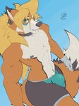 anthro bedroom bulge clothing detailed_bulge glistening glistening_body male narrowed_eyes one_eye_closed seductive solo text underwear wink iaian_luxo_fox luxo_(iaian_luxo_fox) canid canine fox mammal 3:4 absurd_res english_text hi_res