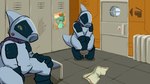 ambiguous_gender anthro armor aroused aroused_by_another aroused_male bodily_fluids clothed clothing cum_stain desperation door duo environmental_suit erection erection_under_clothing fully_clothed genital_fluids genitals grey_clothing headgear helmet locker locker_room male male/ambiguous omorashi penis poster potty_dance radiator sitting spacesuit squirming tenting throbbing throbbing_penis visor hopful_anomenoe disney lilo_and_stitch the_ballad_of_nessie nessie_(disney) united_galactic_federation_trooper dinosaur prehistoric_species reptile scalie 2d_animation animated frame_by_frame